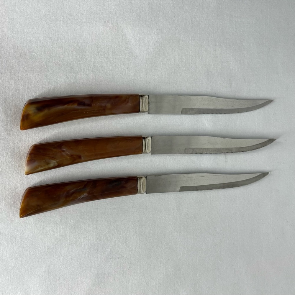 Regent Sheffield, England Set of 3 Steak Knives Bakelite Tortoiseshell Handles